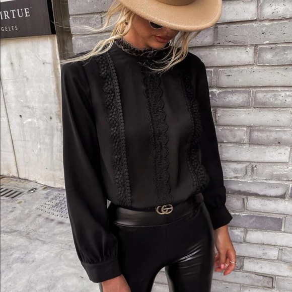Long sleeve lace Keyhole elegant blouse boho black - Picture 4 of 5
